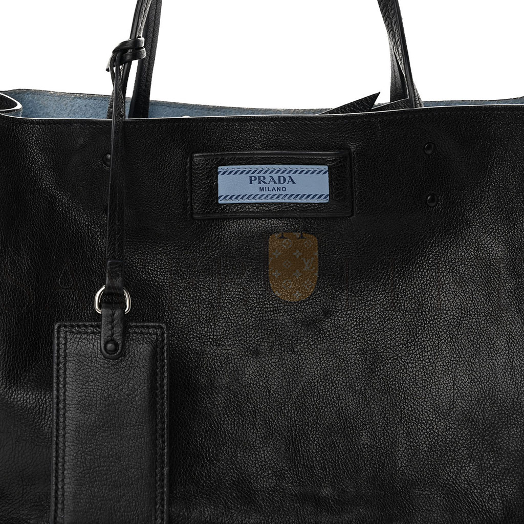 PRADA GLACE CALFSKIN ETIQUETTE SHOPPING BAG BLACK ASTRALE (33*22*16cm)