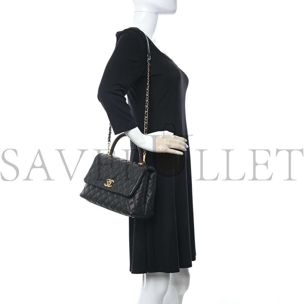 CHANEL CAVIAR LIZARD EMBOSSED QUILTED SMALL COCO HANDLE FLAP BLACK GOLD HARDWARE (29*18*11cm)