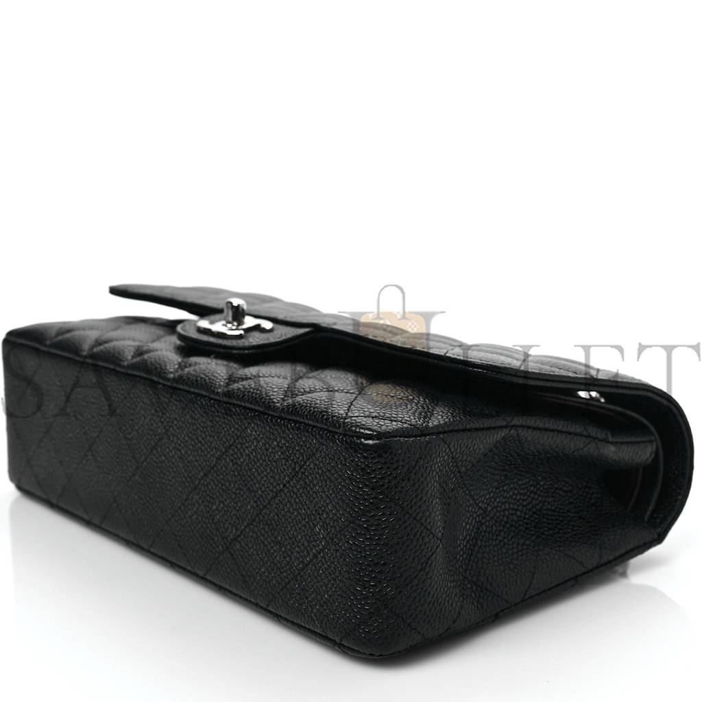 CHANEL CAVIAR QUILTED MEDIUM DOUBLE FLAP BLACK SILVER HARDWARE (25*15*6cm)