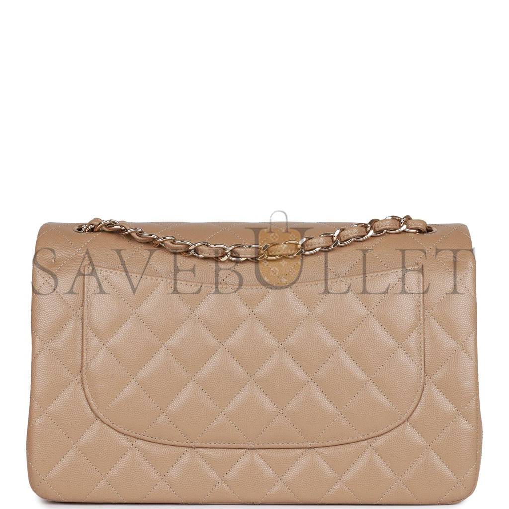 CHANEL JUMBO CLASSIC DOUBLE FLAP BAG DARK BEIGE CAVIAR GOLD HARDWARE (30*20*9cm)