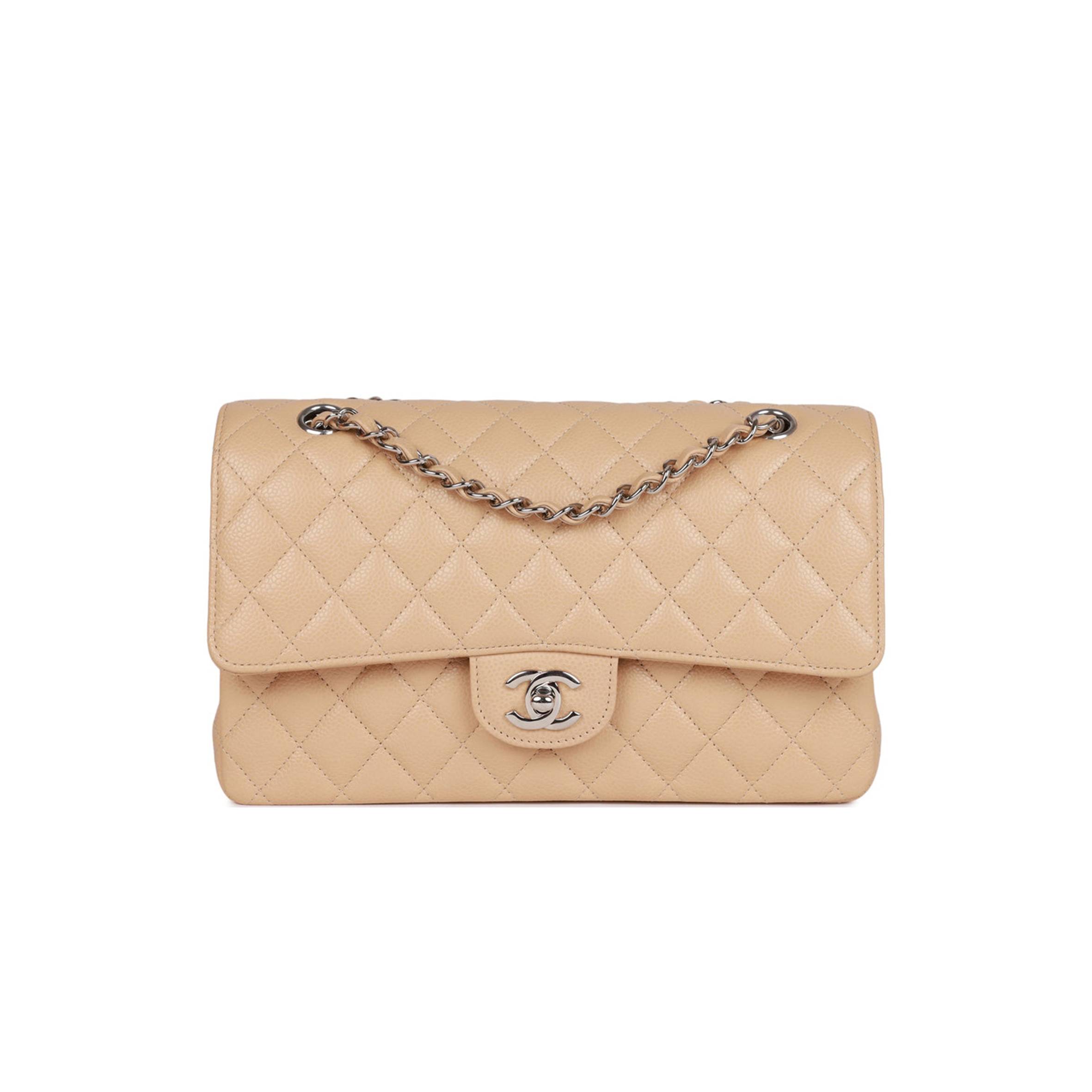 CHANEL MEDIUM CLASSIC DOUBLE FLAP BAG BEIGE CAVIAR SILVER HARDWARE (25*15*7cm)