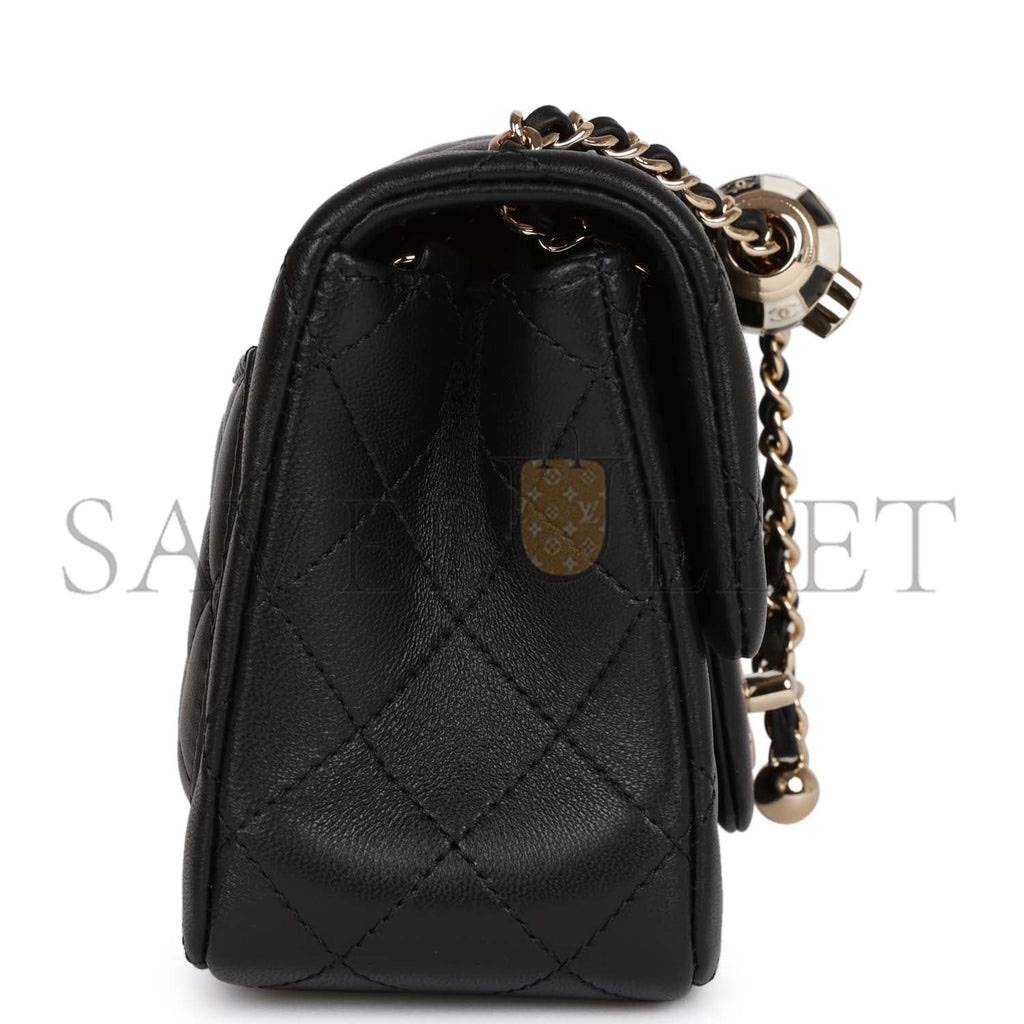 CHANEL PEARL CRUSH MINI SQUARE FLAP BAG BLACK LAMBSKIN LIGHT GOLD HARDWARE (17*14*8cm)