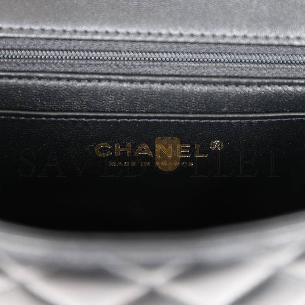 CHANEL MINI RECTANGULAR FLAP BAG WITH TOP HANDLE BLACK LAMBSKIN LIGHT GOLD HARDWARE (22*15*8cm)