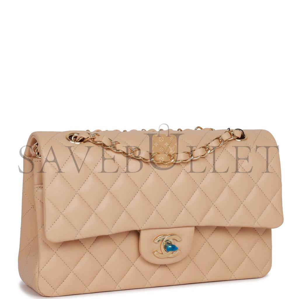 CHANEL MEDIUM CLASSIC DOUBLE FLAP BAG BEIGE LAMBSKIN LIGHT GOLD HARDWARE (25*15*7cm)