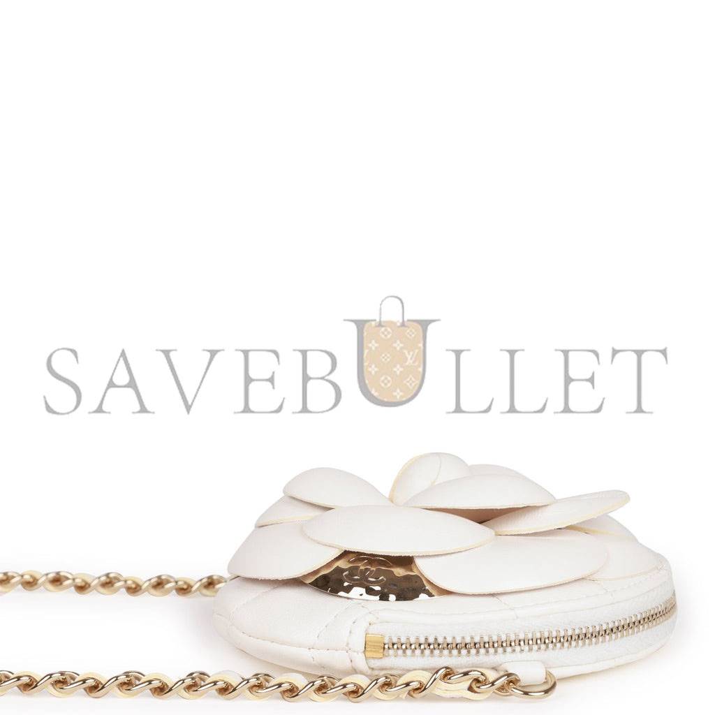 CHANEL CAMELLIA CLUTCH WITH CHAIN WHITE LAMBSKIN LIGHT GOLD HARDWARE (13*13*5cm)