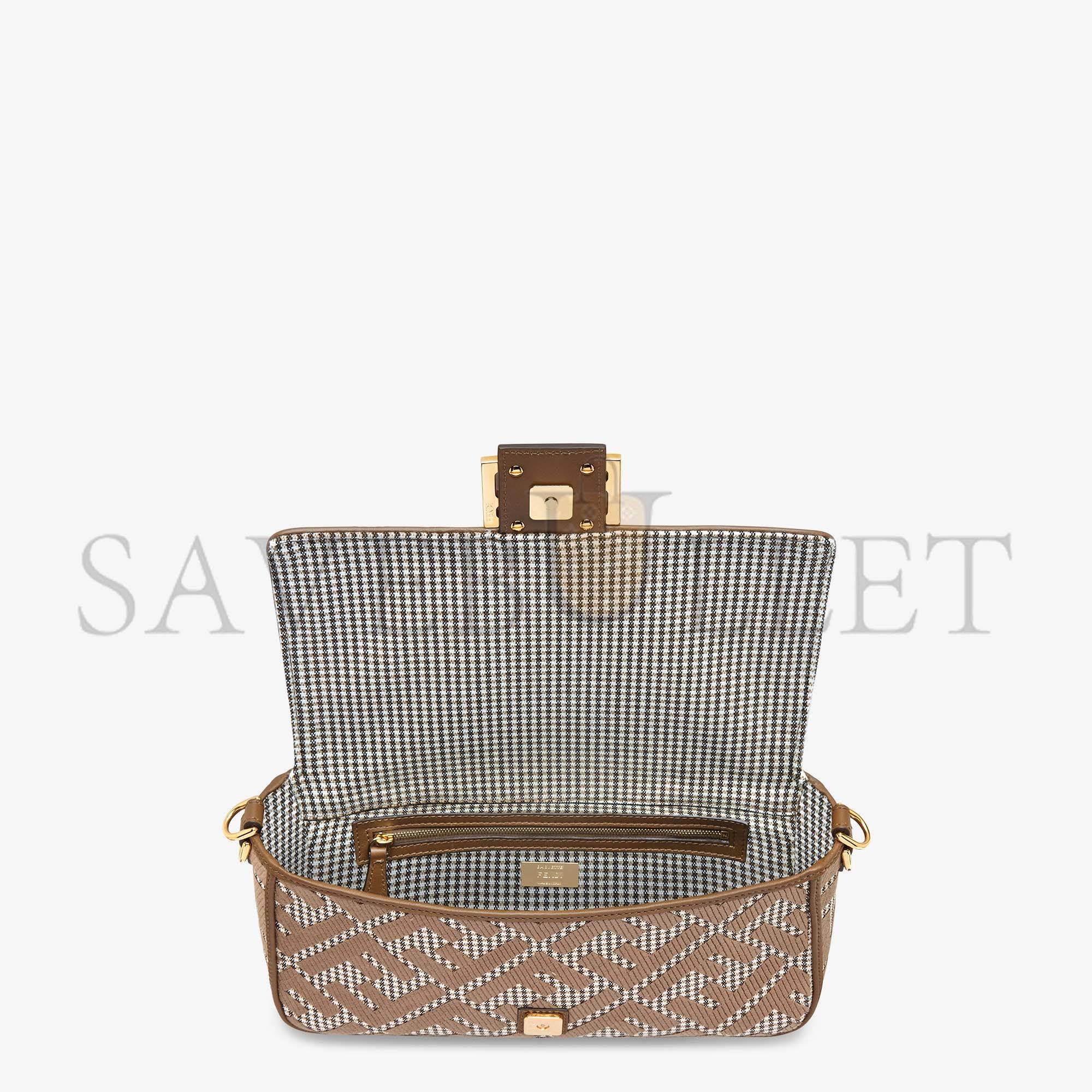 FENDI BAGUETTE - BROWN HOUNDSTOOTH WOOL BAG WITH FF EMBROIDERY 8BR600AKRZF1IRG (27*15*6cm)