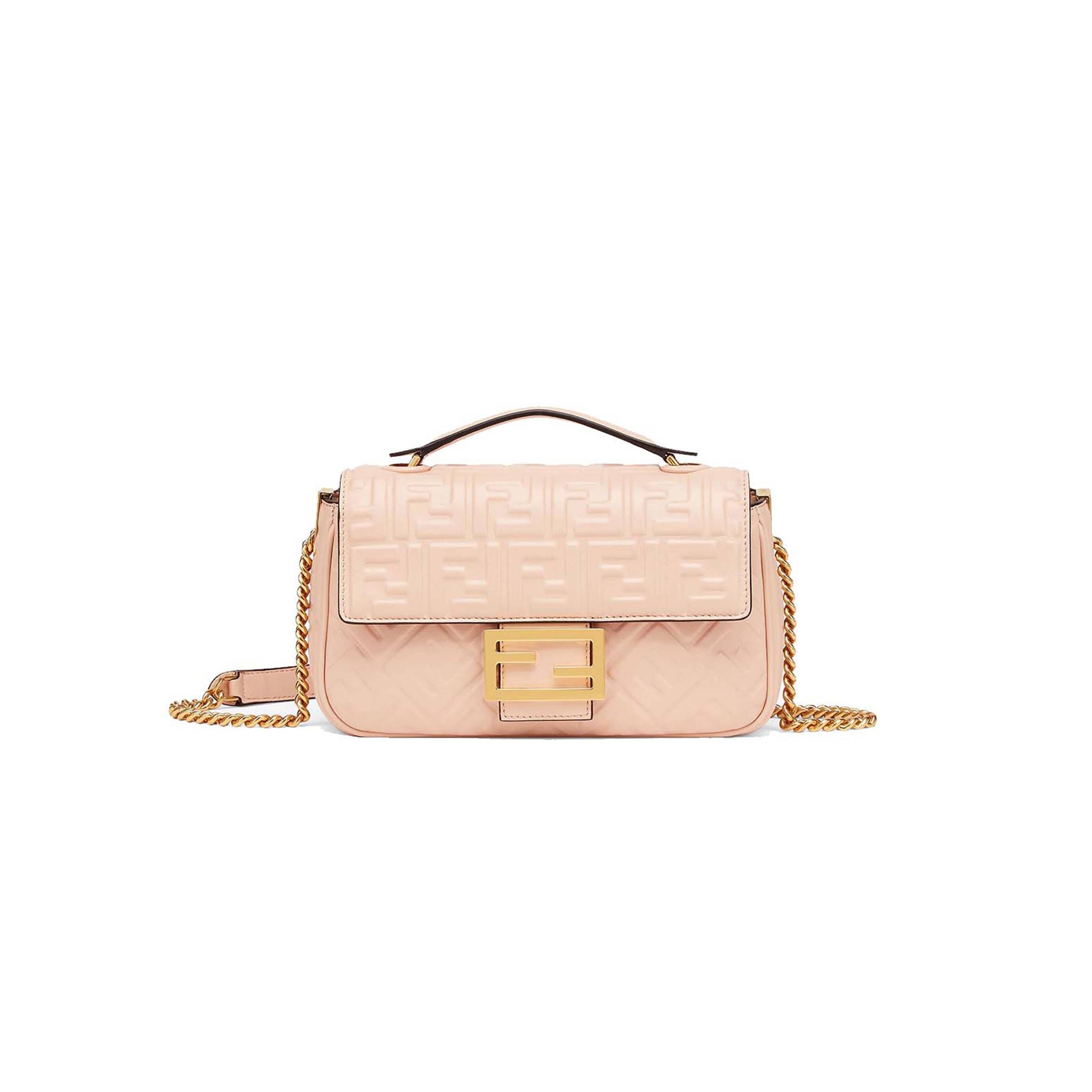 FENDI BAGUETTE CHAIN MIDI - PALE PINK LEATHER BAG 8BR793AH9CF171M (24*14.5*7cm)