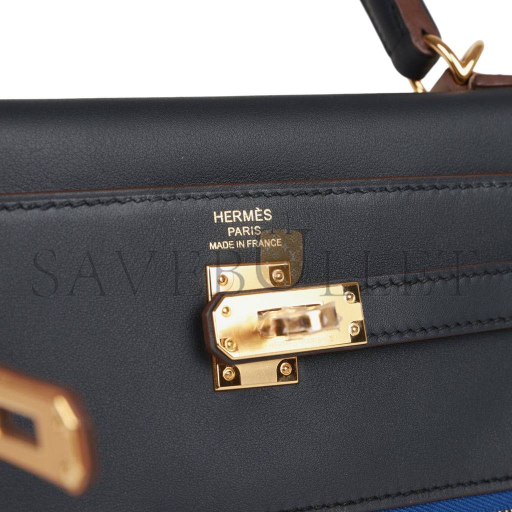 HERMES COLORMATIC KELLY RETOURNE 25 CABAN, BLACK AND CHAI SWIFT GOLD HARDWARE HANDMADE (25cm)