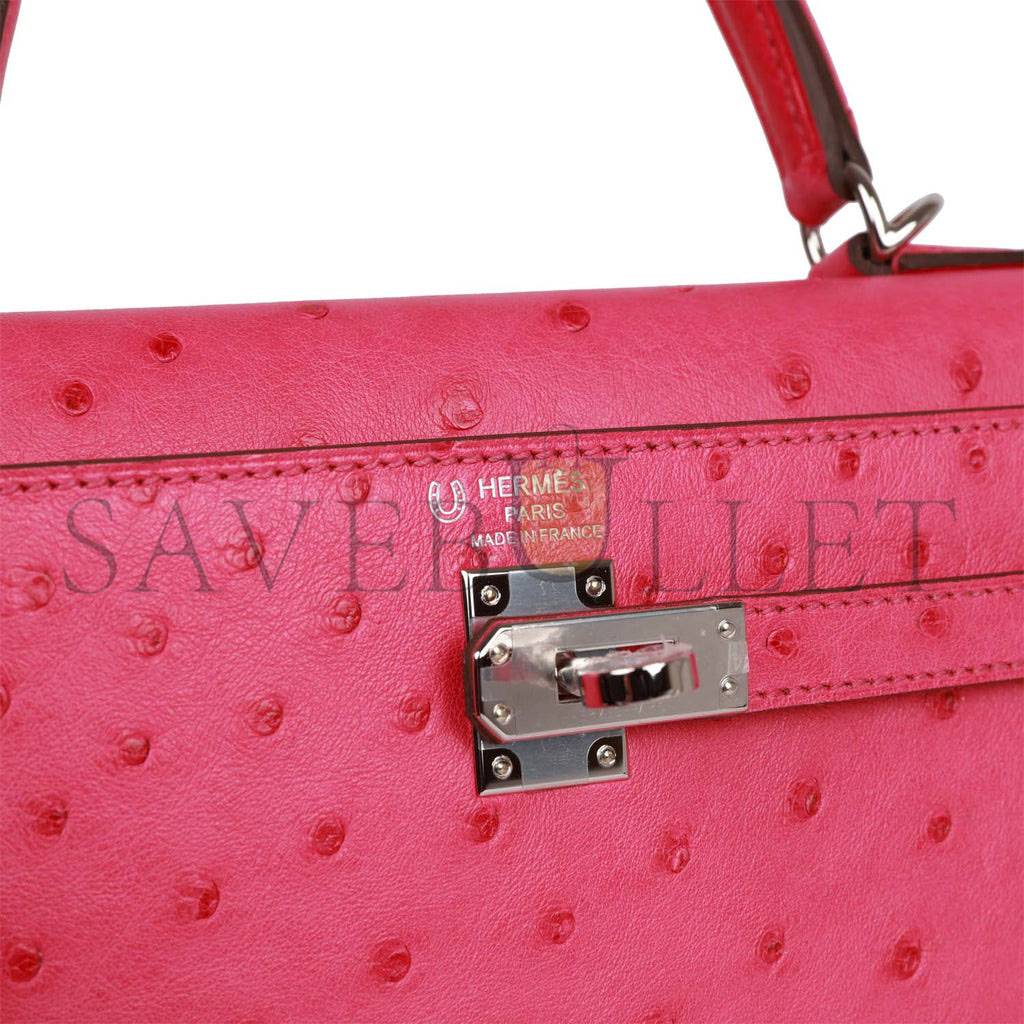 HERMES SPECIAL ORDER (HSS) KELLY SELLIER 25 ROSE TYRIEN VERSO OSTRICH PALLADIUM HARDWARE HANDMADE (25*17*7cm)