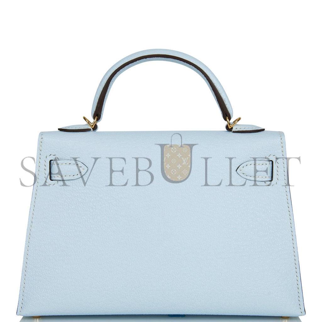 HERMES MINI KELLY SELLIER 20 BLEU BRUME CHEVRE GOLD HARDWARE (19*12*5.5cm)