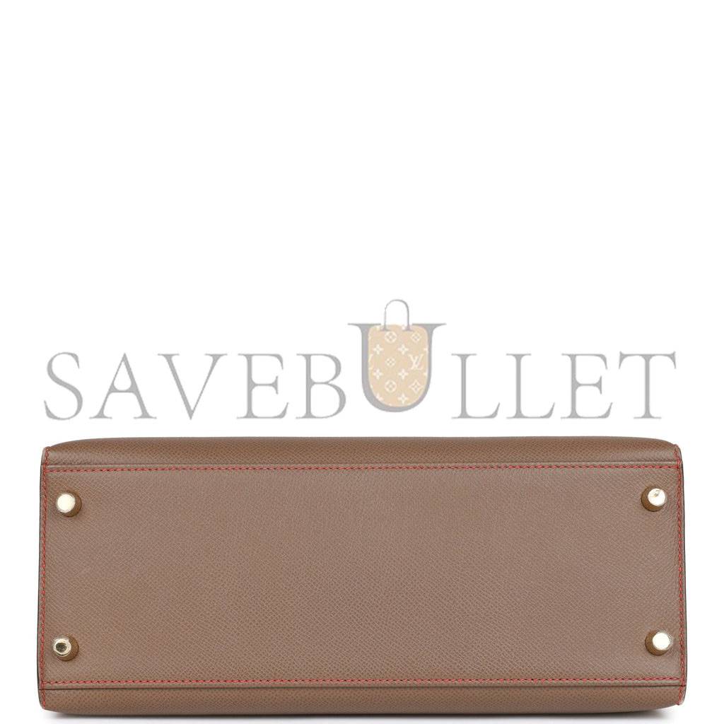 HERMES SPECIAL ORDER (HSS) KELLY SELLIER 28 ETOUPE AND ROUGE TOMATE EPSOM BRUSHED GOLD HARDWARE (28*22*10cm)