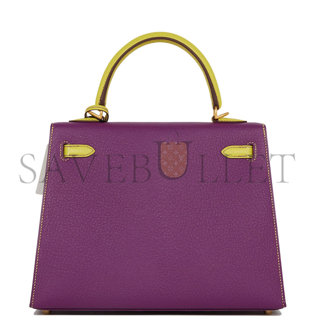 HERMES SPECIAL ORDER (HSS) KELLY SELLIER 25 ANEMONE AND LIME CHEVRE BRUSHED GOLD HARDWARE HANDMADE (25*17*7)