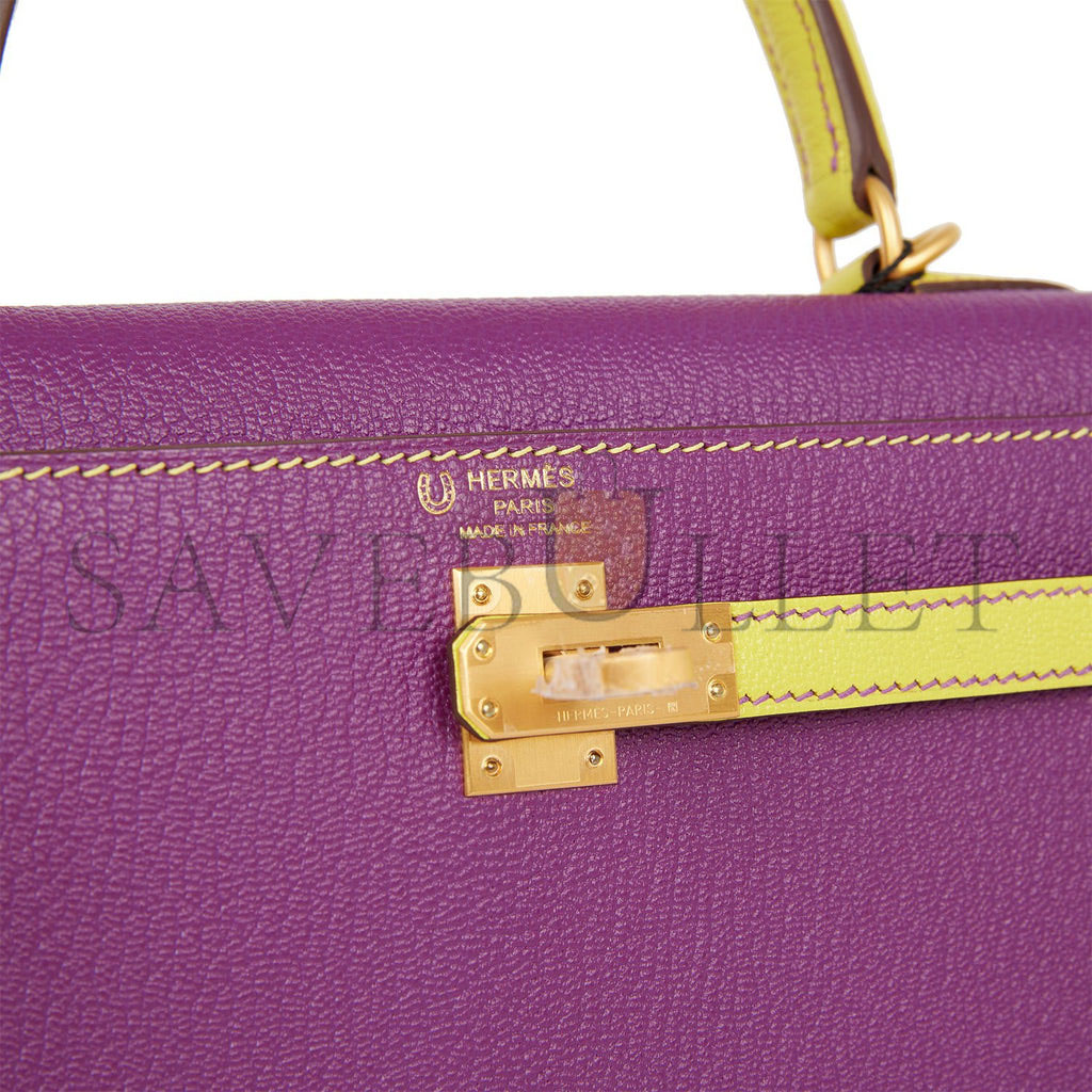 HERMES SPECIAL ORDER (HSS) KELLY SELLIER 25 ANEMONE AND LIME CHEVRE BRUSHED GOLD HARDWARE HANDMADE (25*17*7)