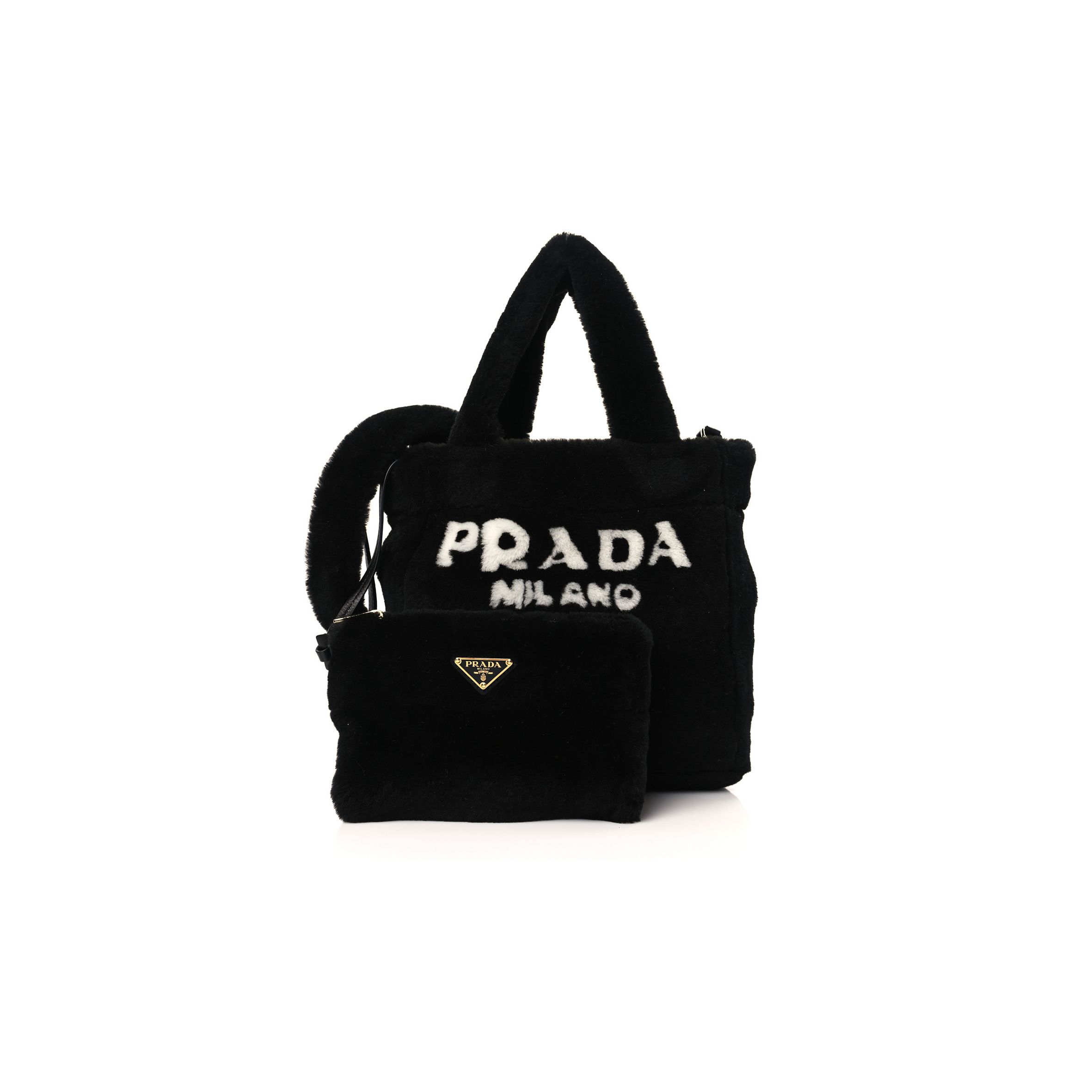 PRADA SHEARLING LOGO MINI TOTE BLACK WHITE (25*23*9cm)