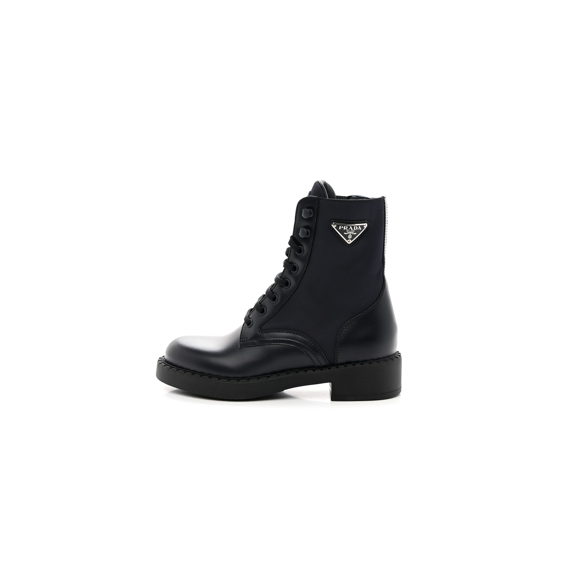 PRADA SPAZZOLATO RE-NYLON METAL TRIANGLE LOGO WOMENS 50MM COMBAT BOOTS 37 BLUE