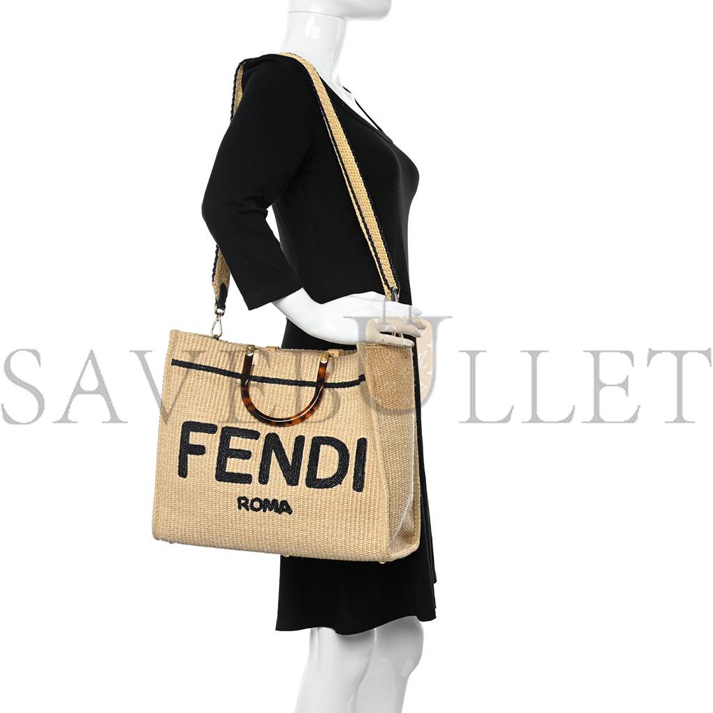 FENDI STRAW VITELLO KING PLEXIGLASS WOVEN MEDIUM FENDI SUNSHINE SHOPPER TOTE NATURAL BLACK (36*32*17cm)